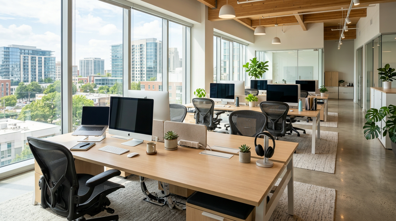 Open office with wooden desks, computers, ergonomic chairs, plants, and large windows showing city buildings