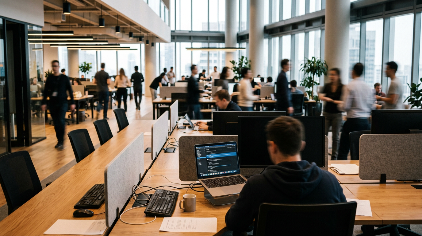 Person seated at desk working on laptop in a busy open-plan office
