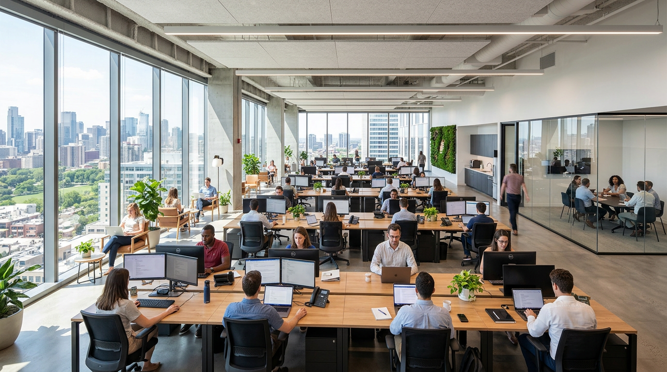 Open office with people working at desks and large floor-to-ceiling windows showing cityscape