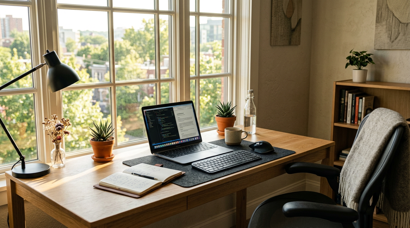 Home office desk with laptop, keyboard, mouse, notebook, lamp, plants, and water bottle near window