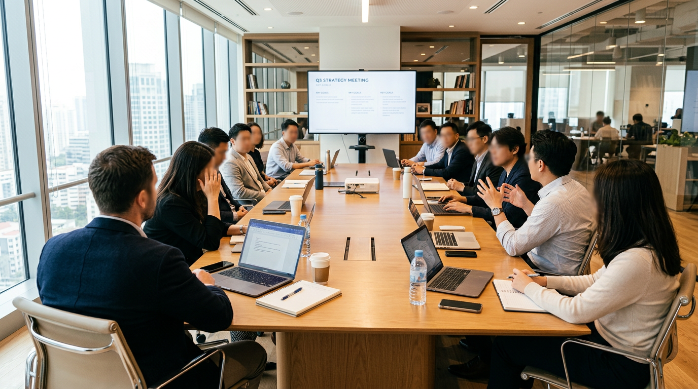 Group of professionals around conference table in Q3 strategy meeting with laptops