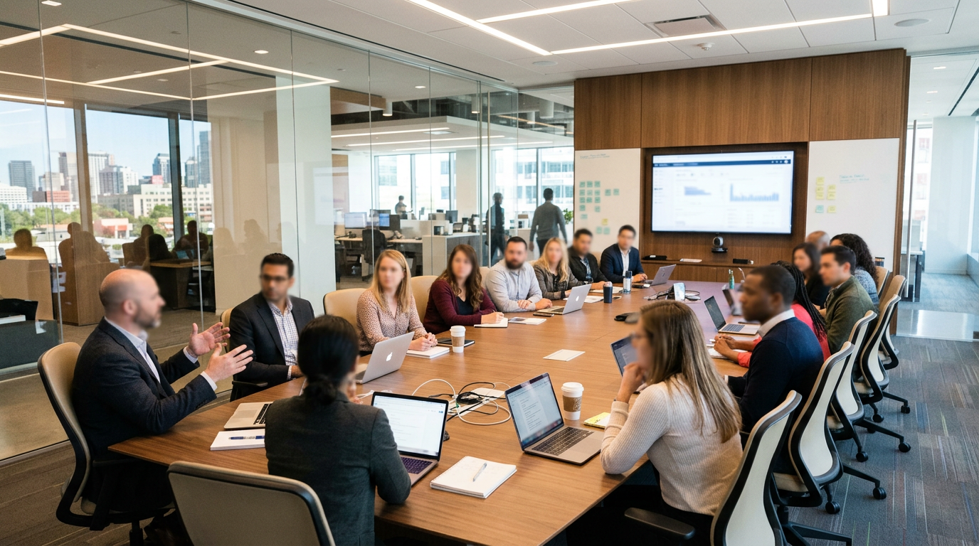 Team of professionals discussing ideas in a modern conference room with laptops and large screen