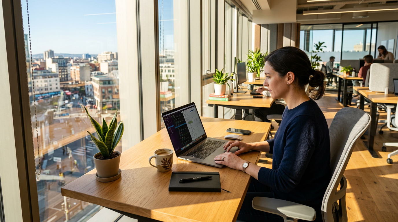 Woman typing on a laptop at a wooden desk near large office windows with city view