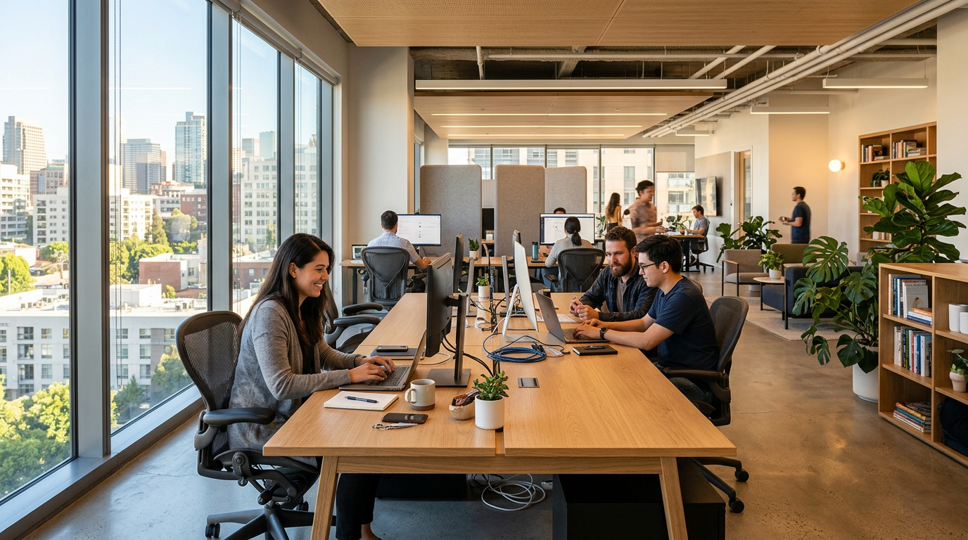 People collaborating and working at desks in a modern open-plan office