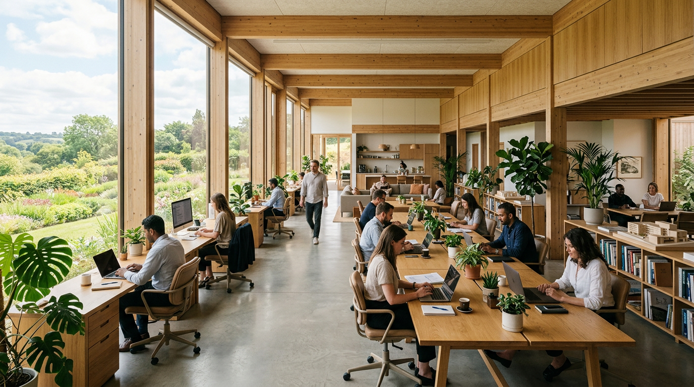Coworking space with individuals working on laptops at wooden desks near large windows with outdoor greenery visible