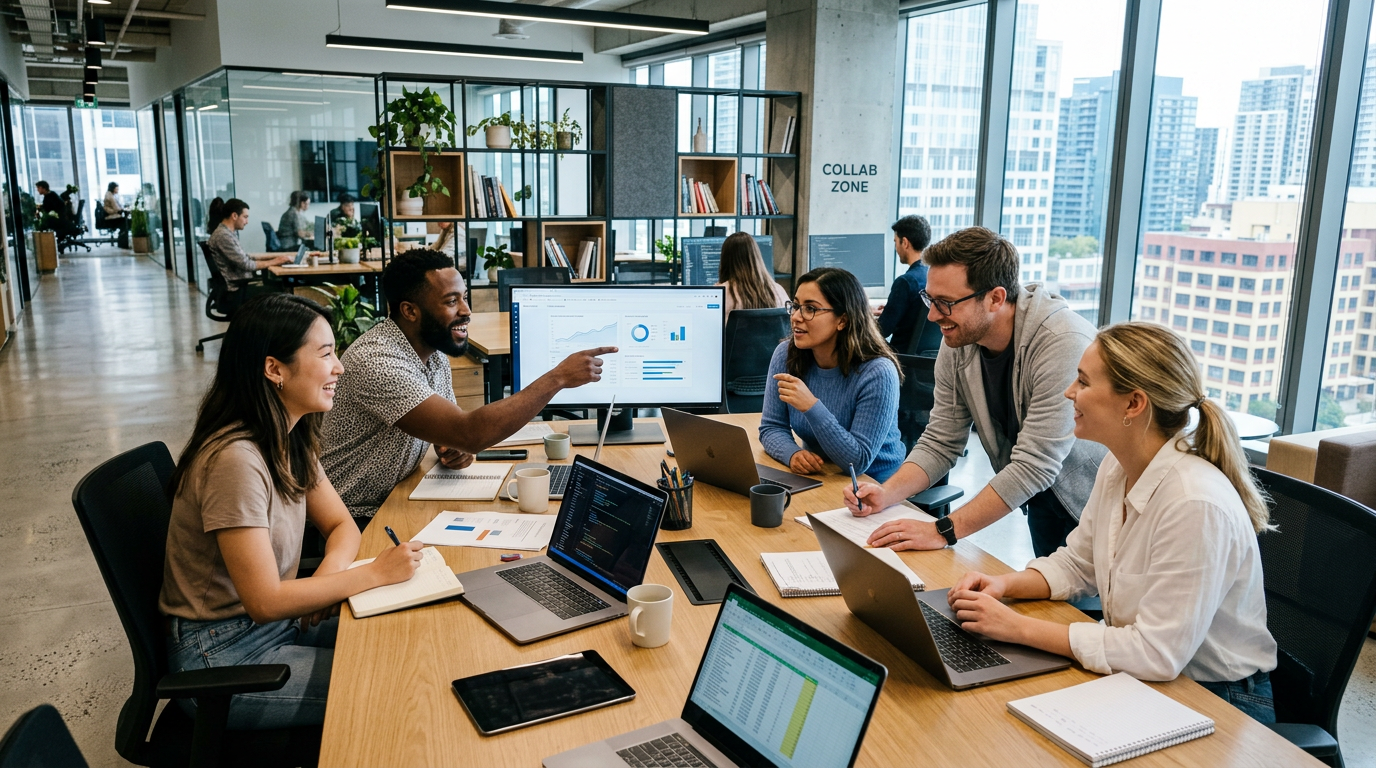 Five coworkers discussing data charts and code around a table with laptops in an open office
