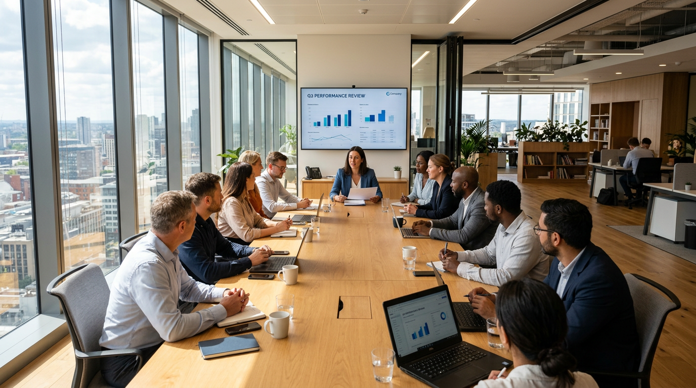 Business team seated around a conference table reviewing Q3 performance charts on screen