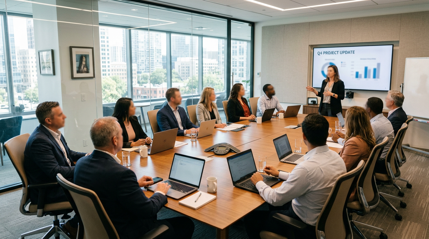 Team of professionals in a conference room during a Q4 project update presentation