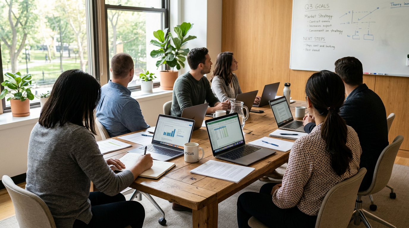 Six people sitting around a table in a meeting room looking at charts on laptops and a whiteboard