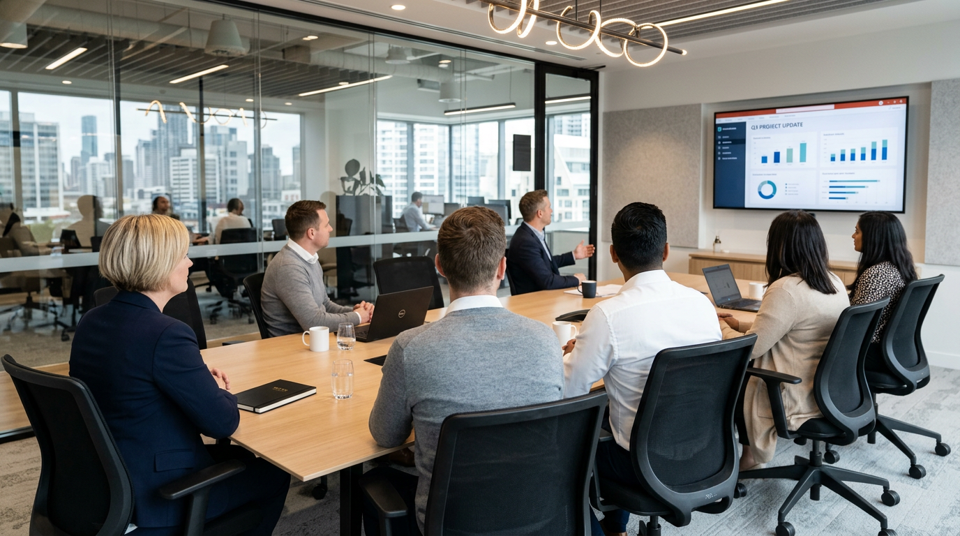 Seven professionals seated around a conference table watching a project update presentation on a wall screen