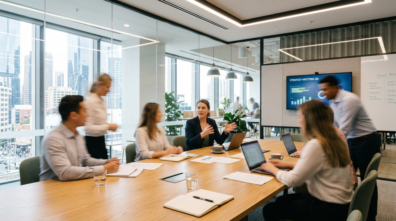Business professionals discussing strategy around a conference table with laptops and charts