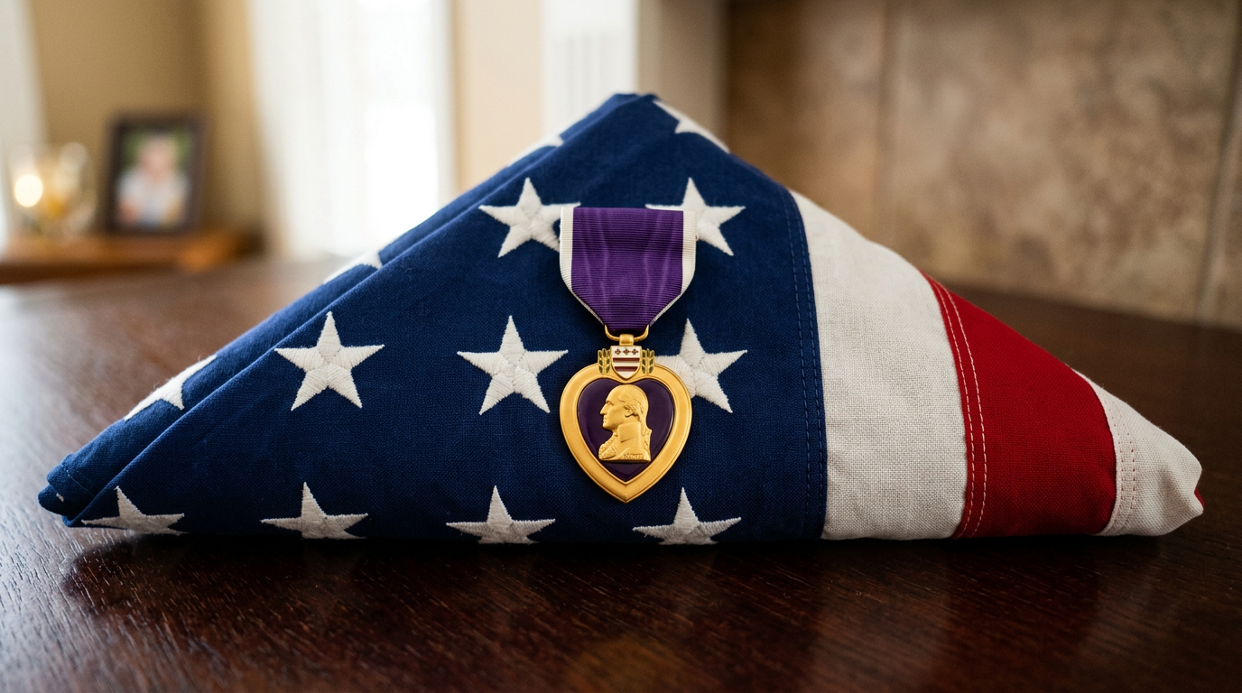 Purple Heart medal with George Washington profile on folded American flag