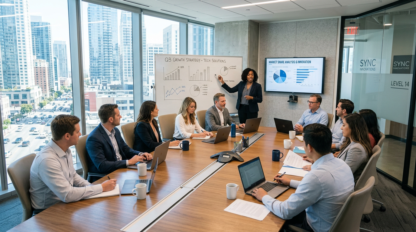 Business team in a conference room reviewing growth strategy charts and market share analysis