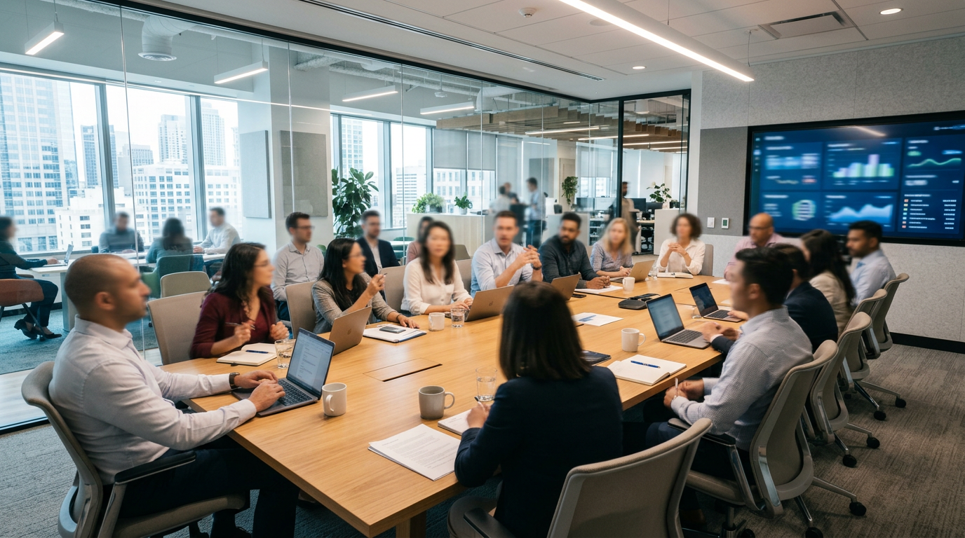 Business team in meeting room with laptops and data displayed on screen