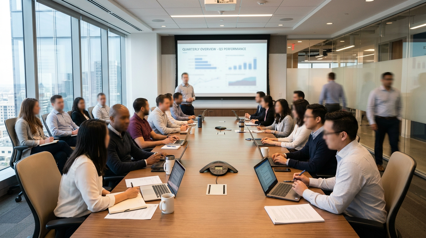 People sitting around a conference table attending a quarterly overview meeting with charts on screen