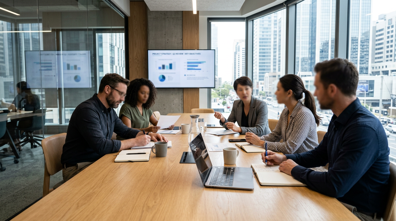 Five professionals discussing project strategy in a conference room with charts on a screen