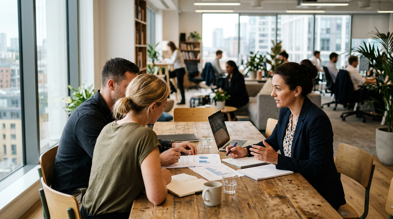 Three people discussing business charts and notes at a wooden table in a modern office