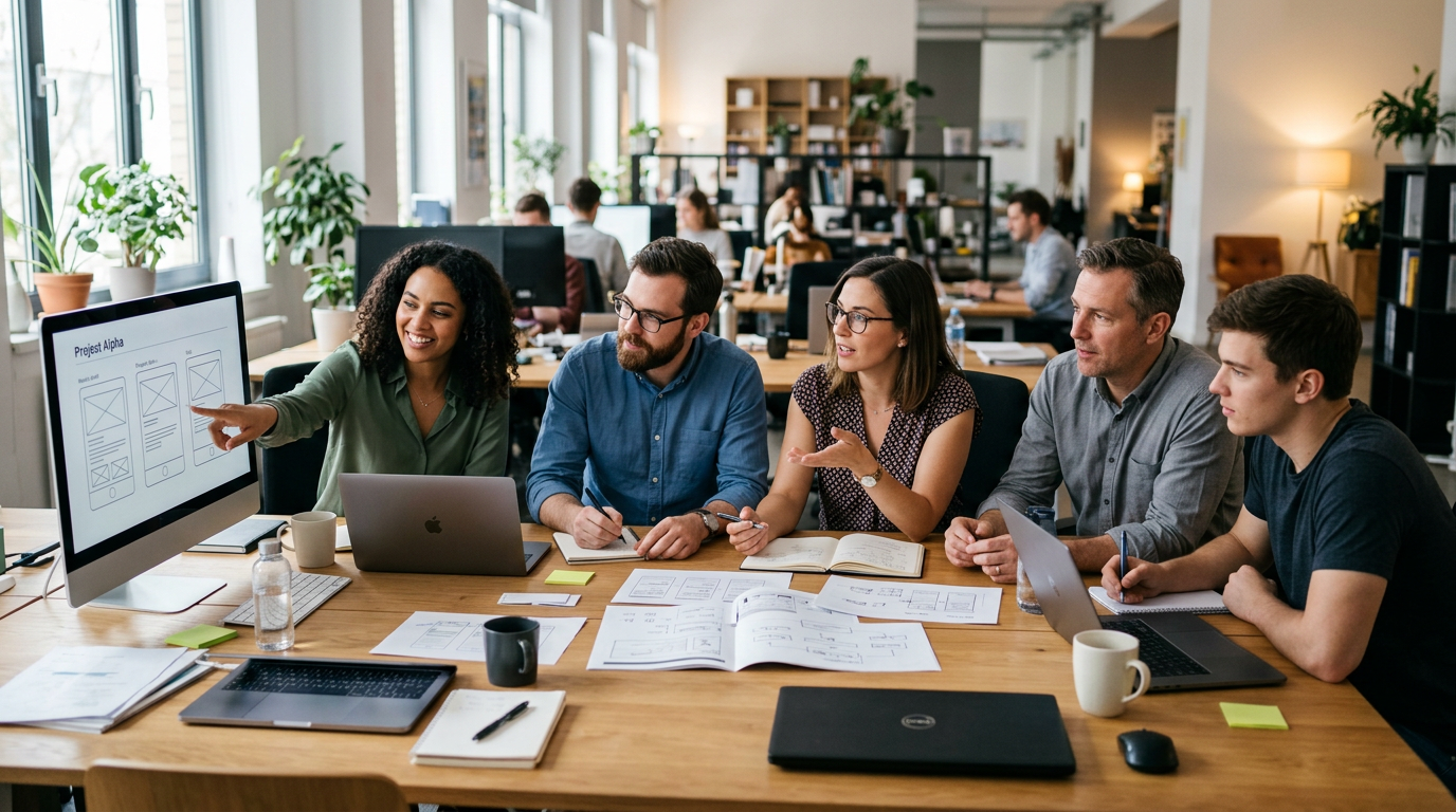 Five colleagues discussing wireframes and website layouts on computer and paper