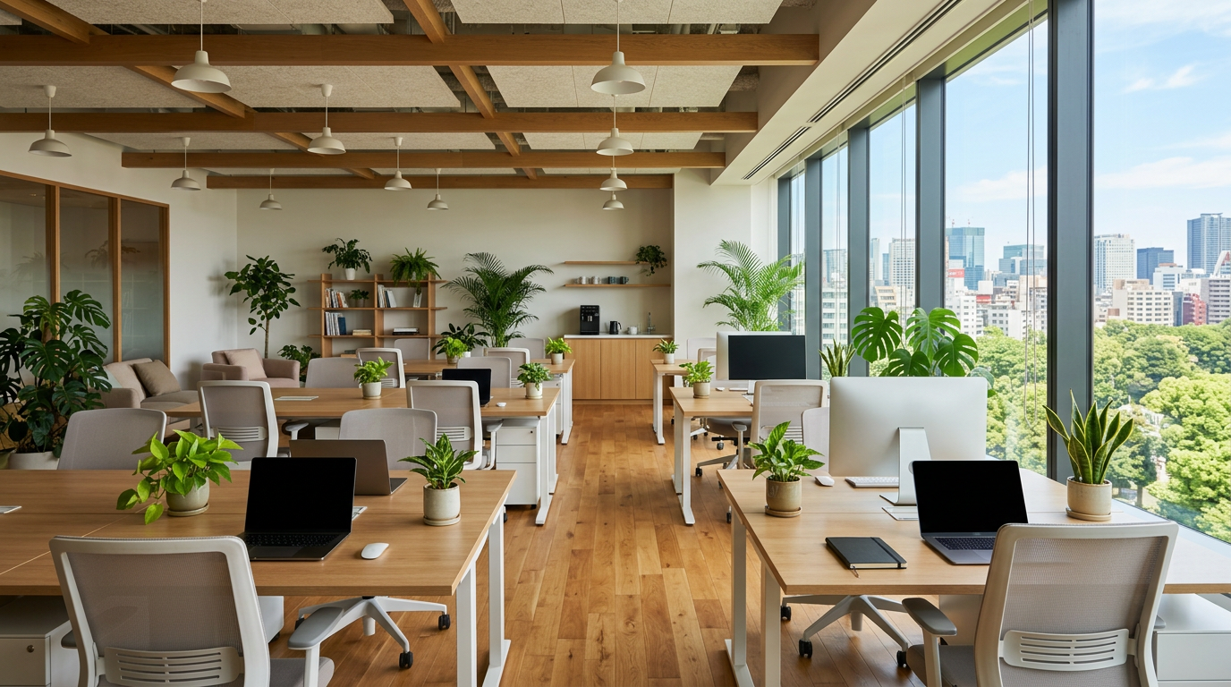 Open office with wooden desks, laptops, chairs, and many green plants by large windows overlooking a cityscape