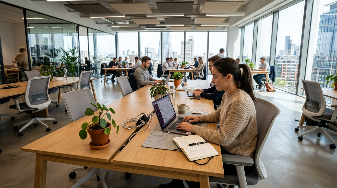 Employees working at laptops in a modern open-plan office with large windows