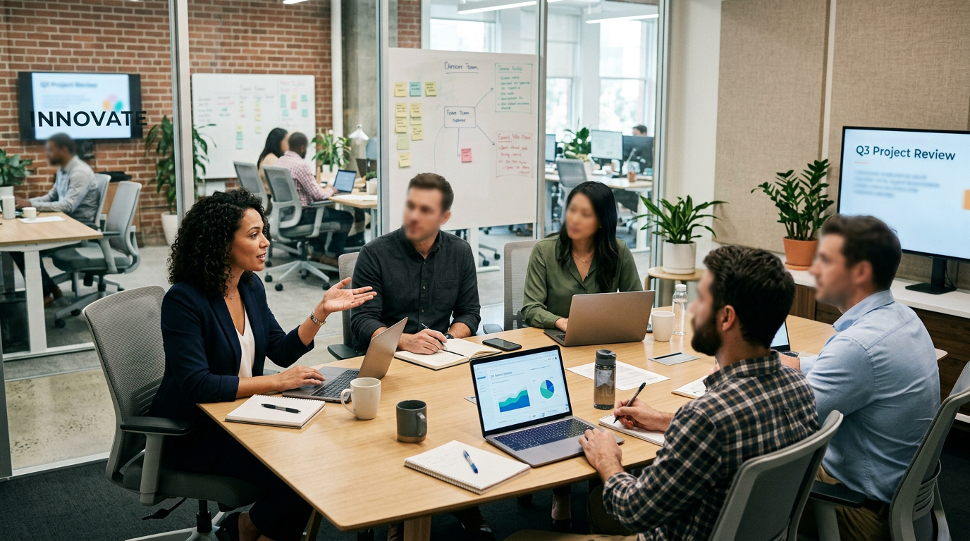 Five professionals in a meeting room discussing project data shown on laptops and a screen.