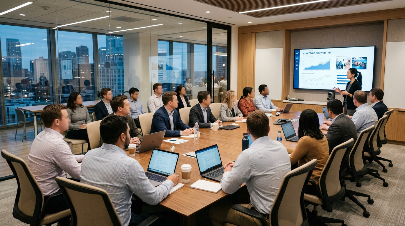 Team in a boardroom attending a strategic growth presentation with laptops and notebooks
