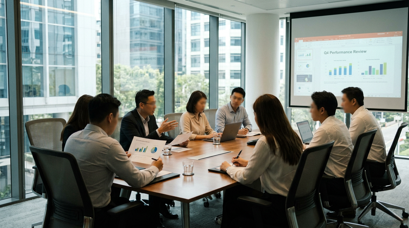 Business team reviewing Q4 performance charts and data in meeting