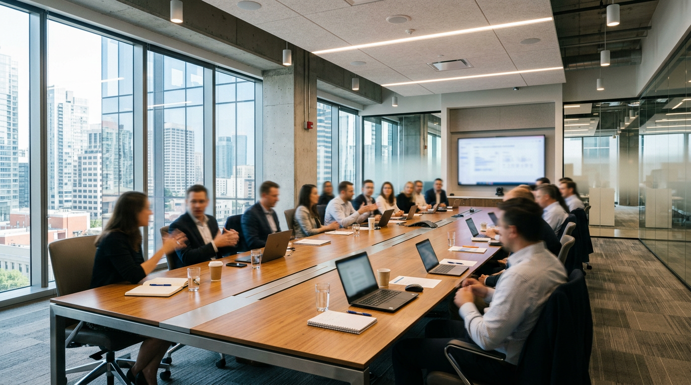 Team of professionals in a conference room having a business meeting with laptops and documents