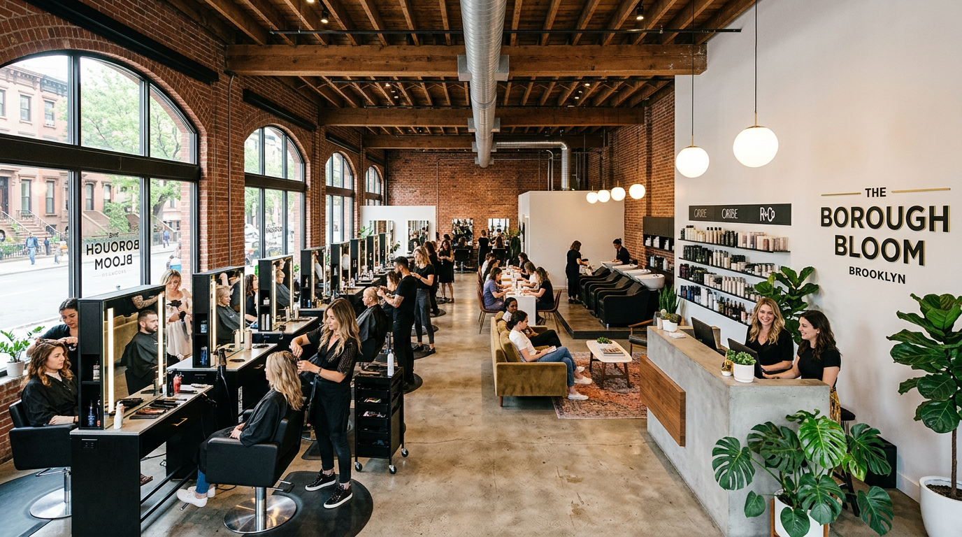 Interior view of a bustling salon with hairstylists working on clients and a reception area.