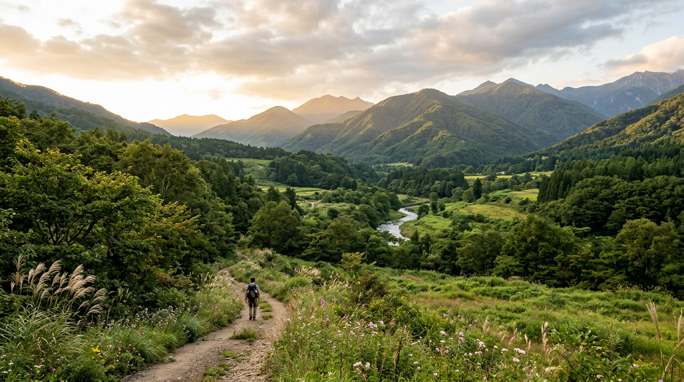 A lone hiker walking on a dirt trail through green valley surrounded by forested mountains with a river