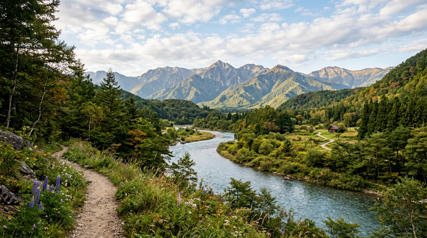 River flowing through forested valley with mountains in background and hiking trail