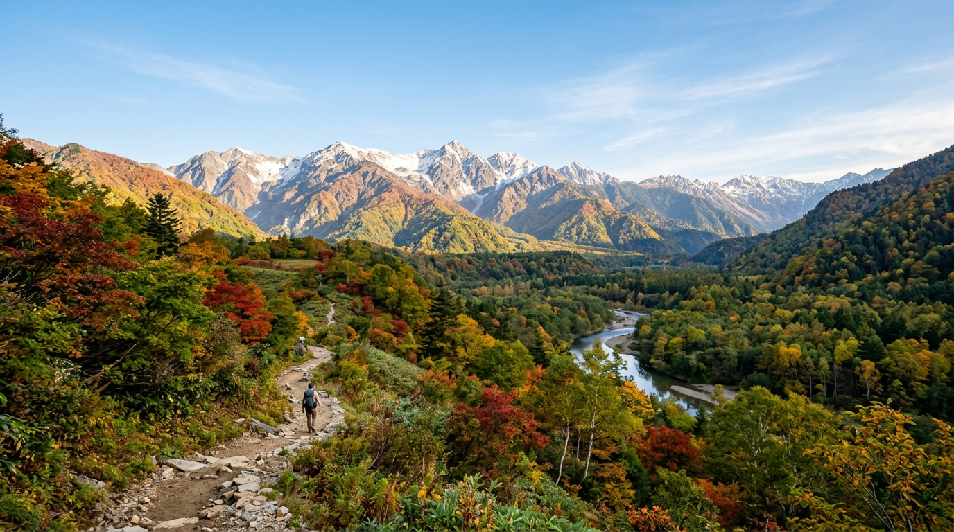 Hiker walking on a rocky mountain trail surrounded by autumn trees with a river and snowy mountains in the background