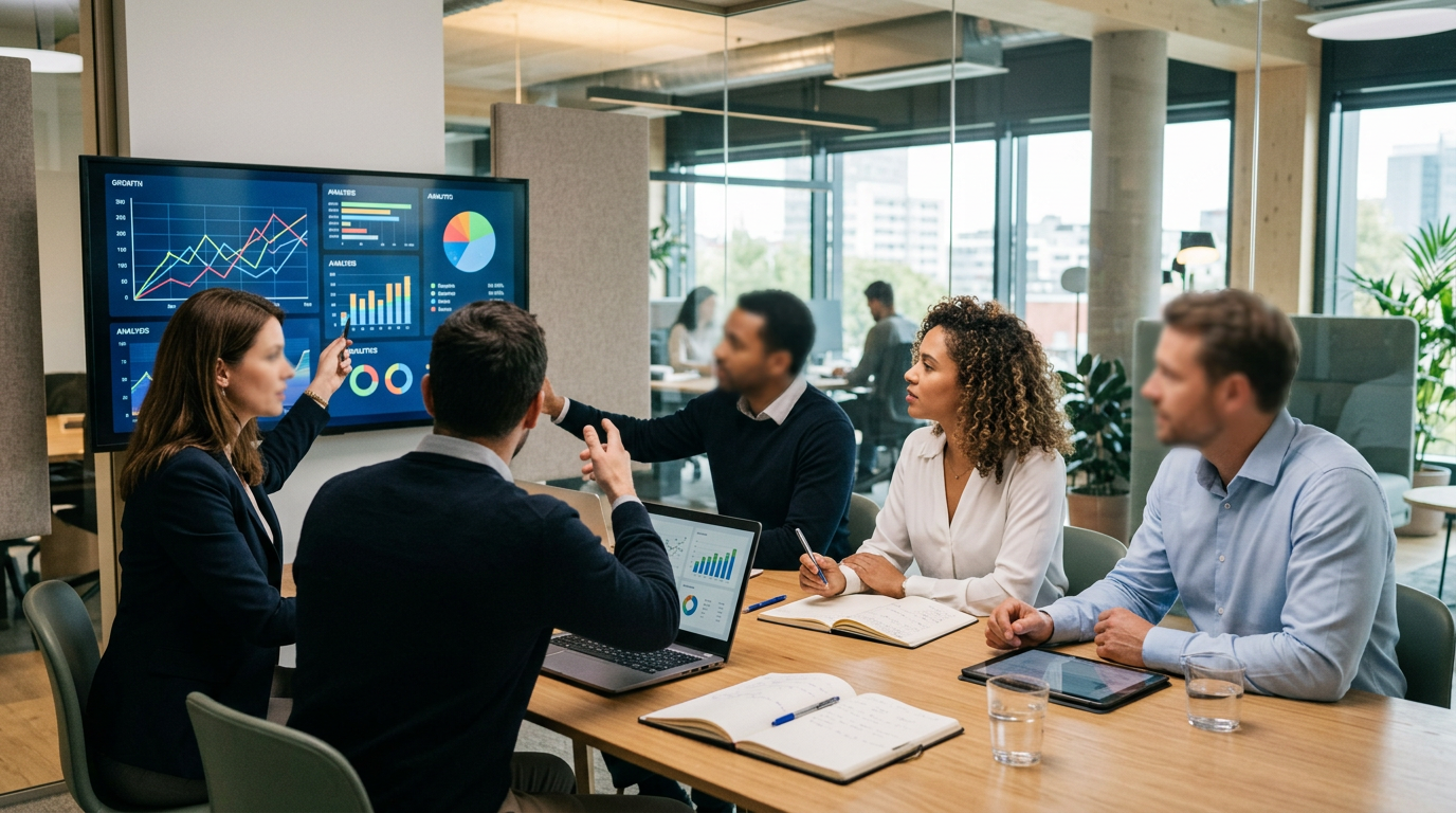 Team discussing analytics charts around a conference table