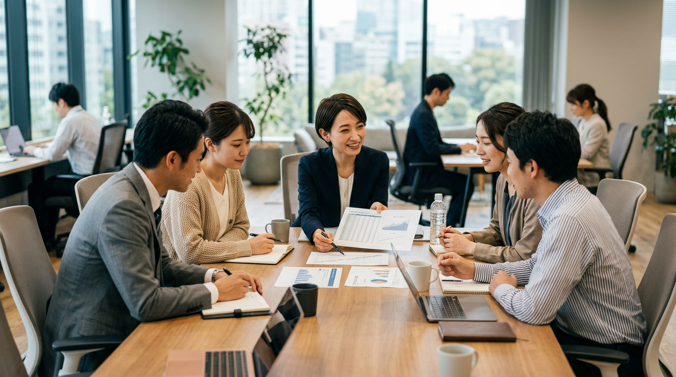 Five colleagues discussing charts around a conference table