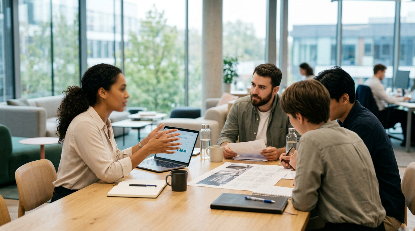 Four colleagues discussing documents and a laptop around an office table
