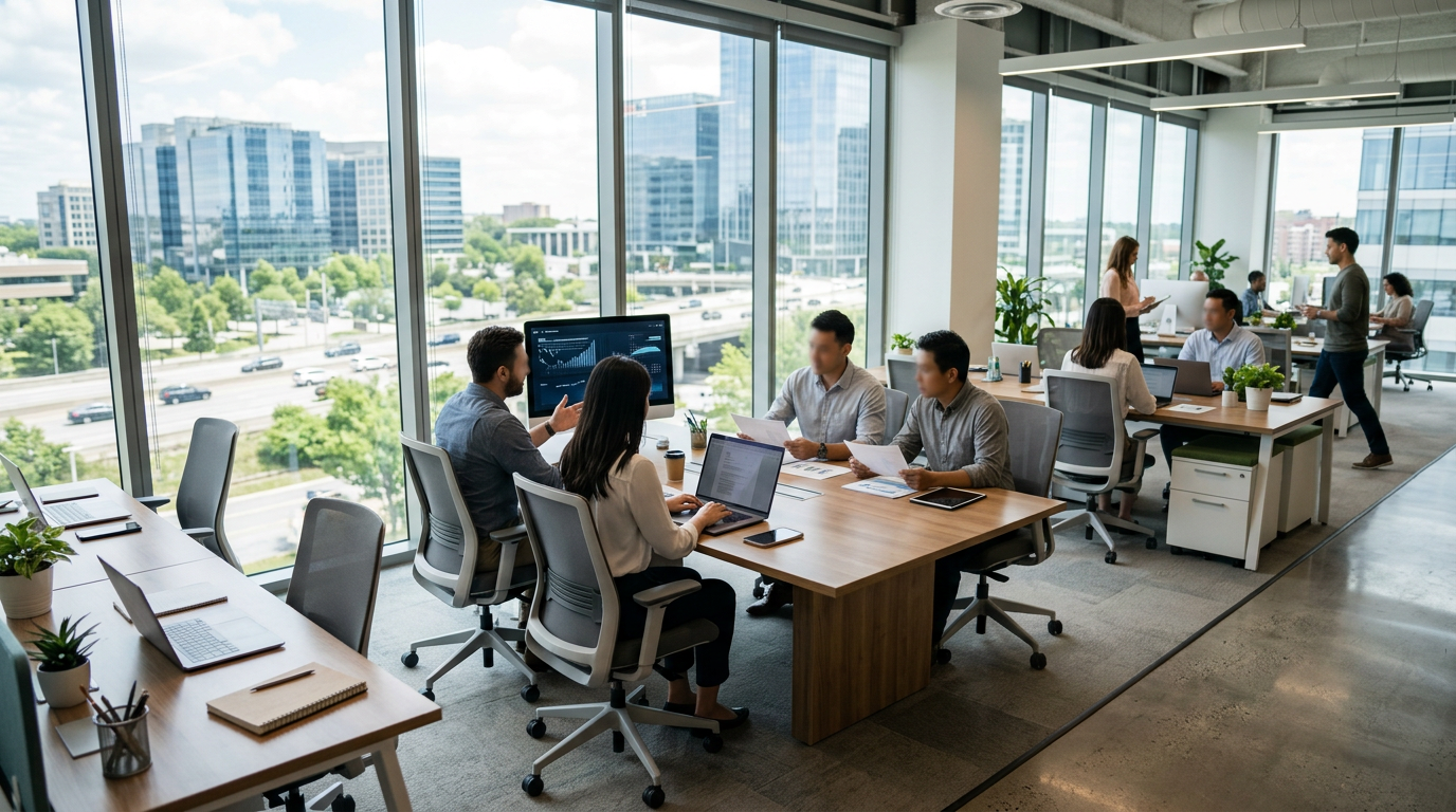 Colleagues collaborating around a conference table in a modern office